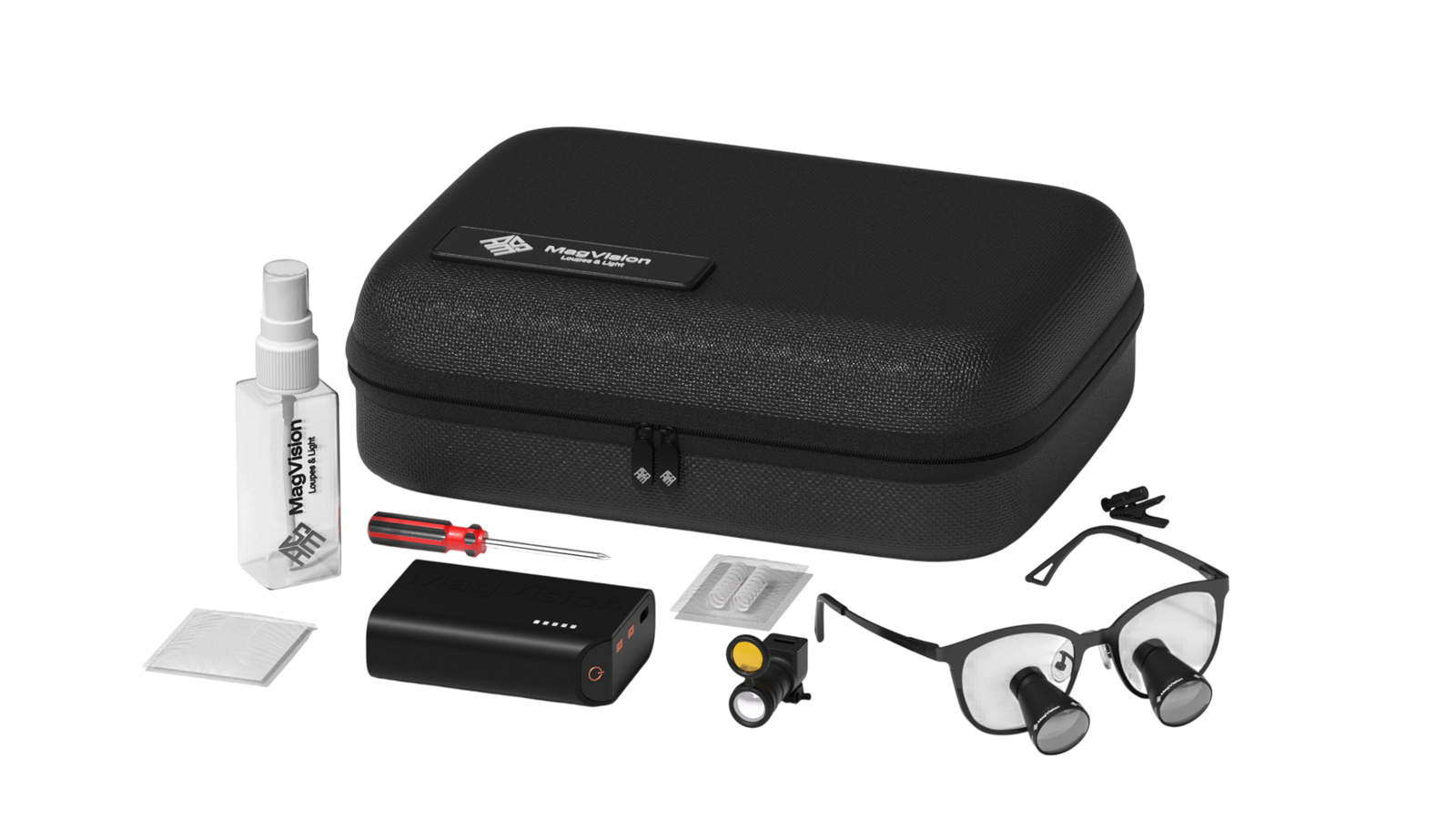 MagVision full kit — carry case, loupes, headlight, batteries and accessories laid out
